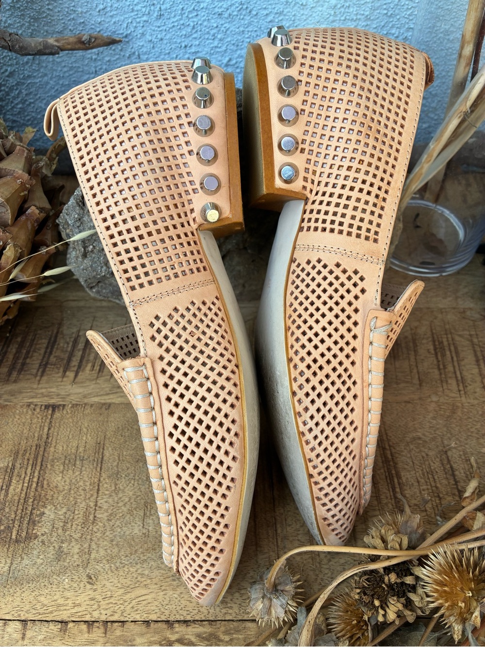 Jeffrey Campbell Women's Tan Leather Pointed Perforated Loafers - Picture 2 of 6